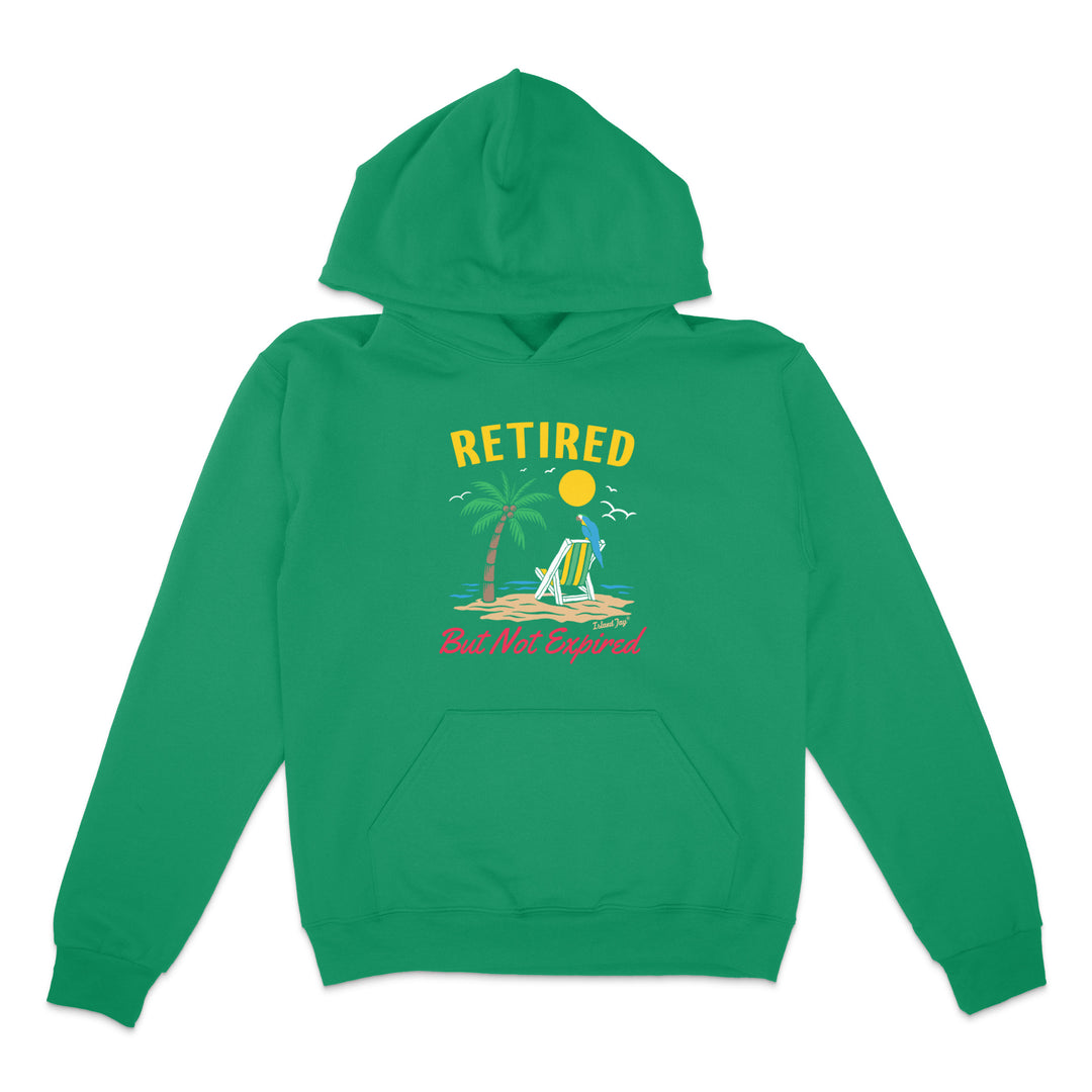 Green hoodie with "Retired But Not Expired" Design