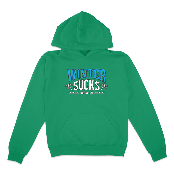 Green hoodie with 'Winter Sucks' text on a white background