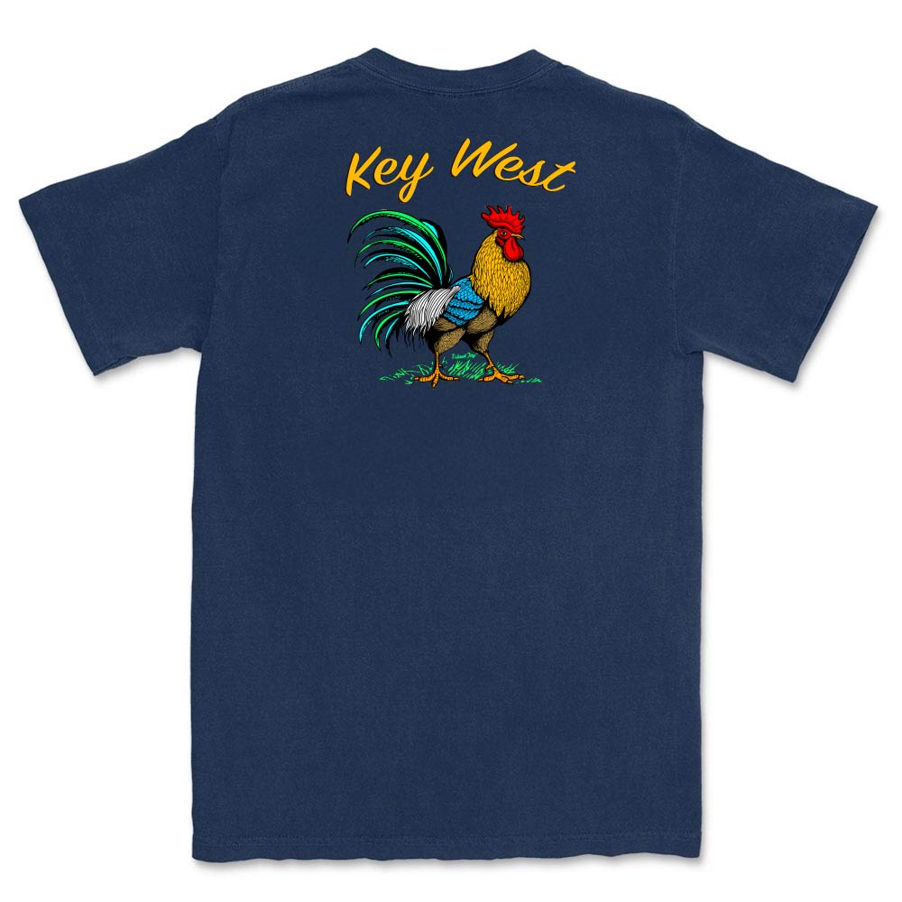 Navy blue t-shirt with a colorful rooster graphic and 'Key West' text on the back.