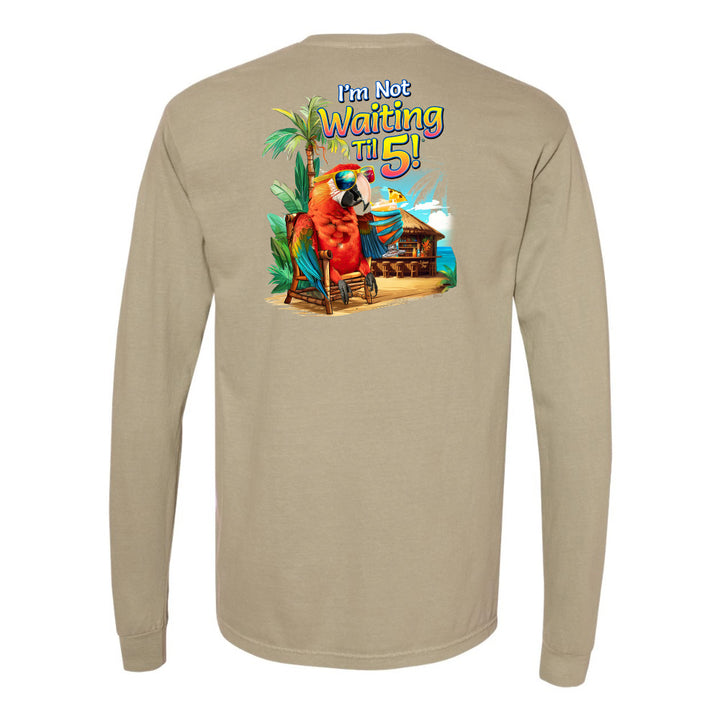 Beige long-sleeve shirt with a colorful parrot graphic and text on the back