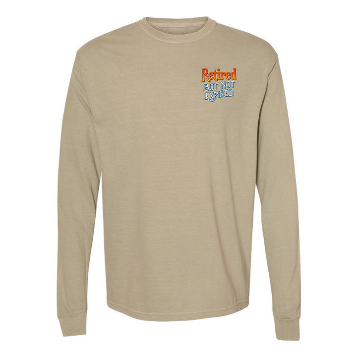 Beige long-sleeve shirt with text on a white background