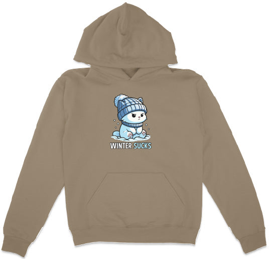 Brown hoodie with a cartoon character and 'Winter Sucks' text on a white background