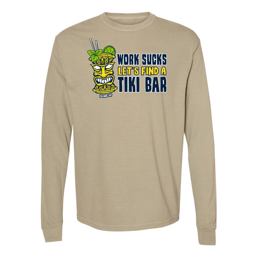 Beige long-sleeve shirt with tiki mug graphic and text on a white background