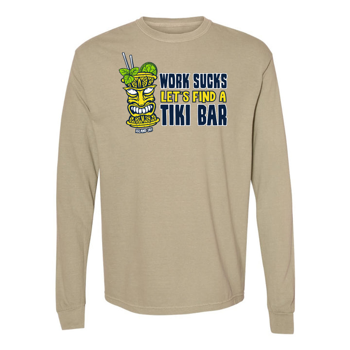 Beige long-sleeve shirt with tiki mug graphic and text on a white background