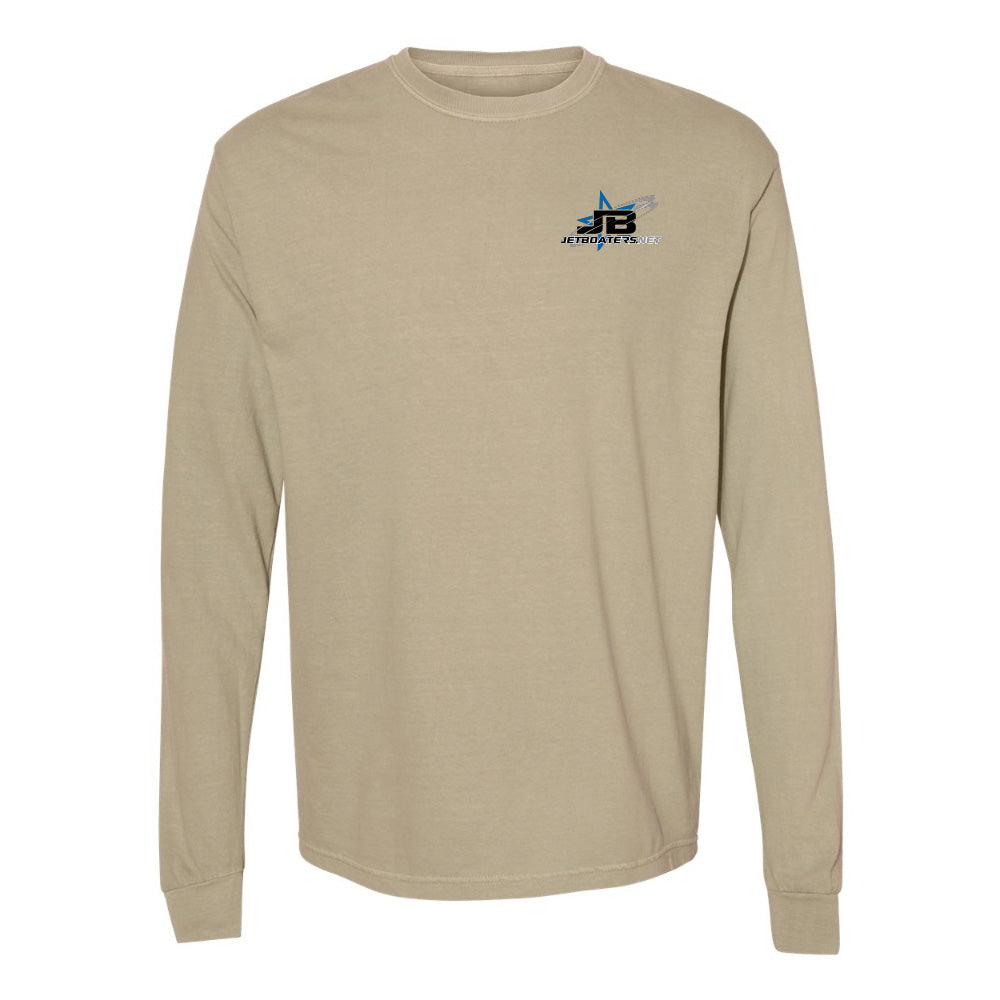 Beige long-sleeve shirt with a logo on the chest against a white background