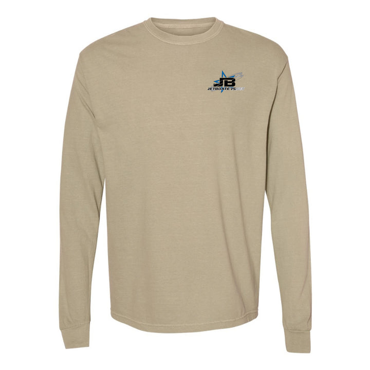 Beige long-sleeve shirt with a logo on the chest against a white background