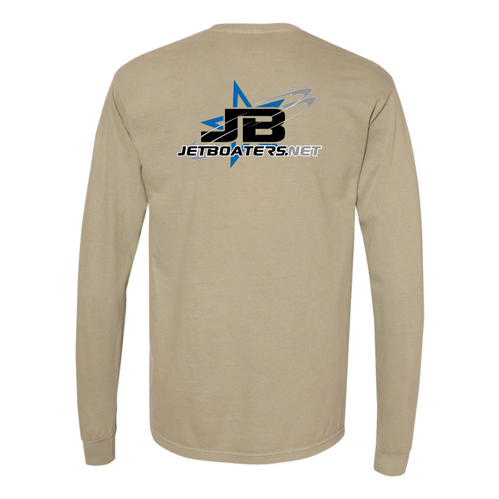 Beige long-sleeve shirt with JetBoaters.net logo on the back against a white background
