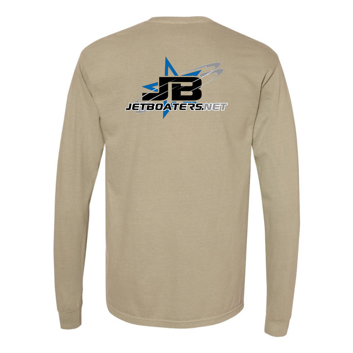 Beige long-sleeve shirt with JetBoaters.net logo on the back against a white background