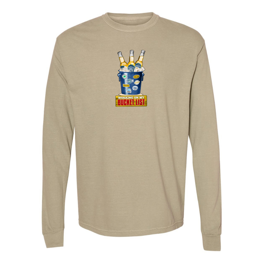 Beige long-sleeve shirt with a graphic design on a white background