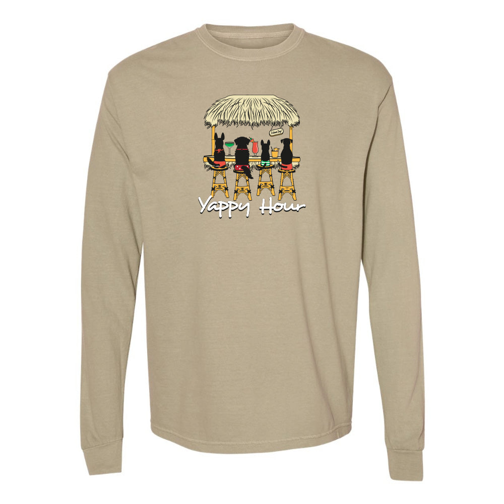 Beige long-sleeve shirt with a graphic of dogs under a tiki hut and 'Yappy Hour' text on a white background.