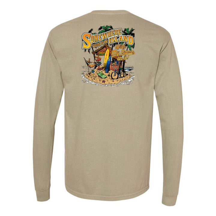 Beige long-sleeve shirt with a colorful graphic on the back featuring text and beach elements.