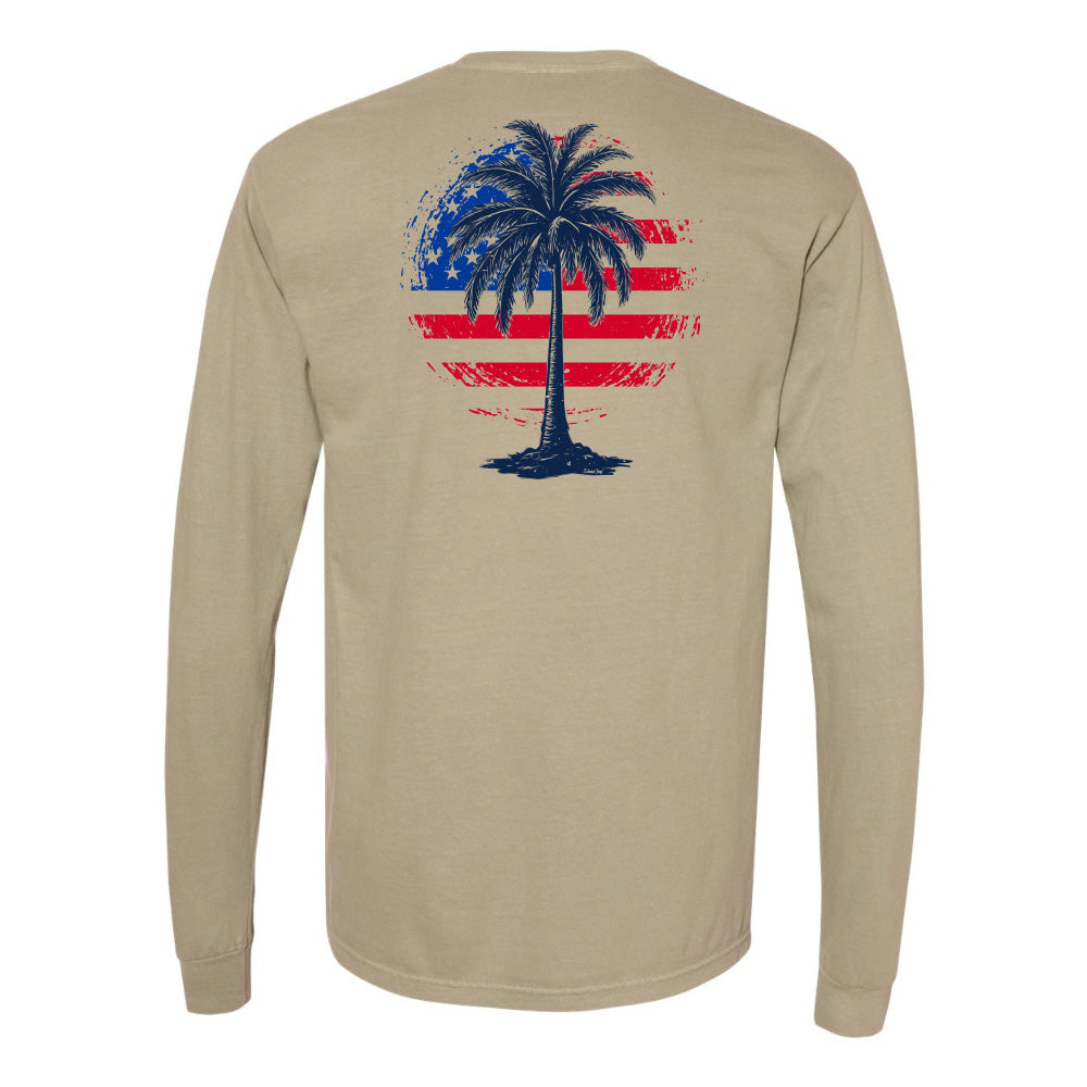 Beige long-sleeve shirt with a palm tree design on the back against a white background