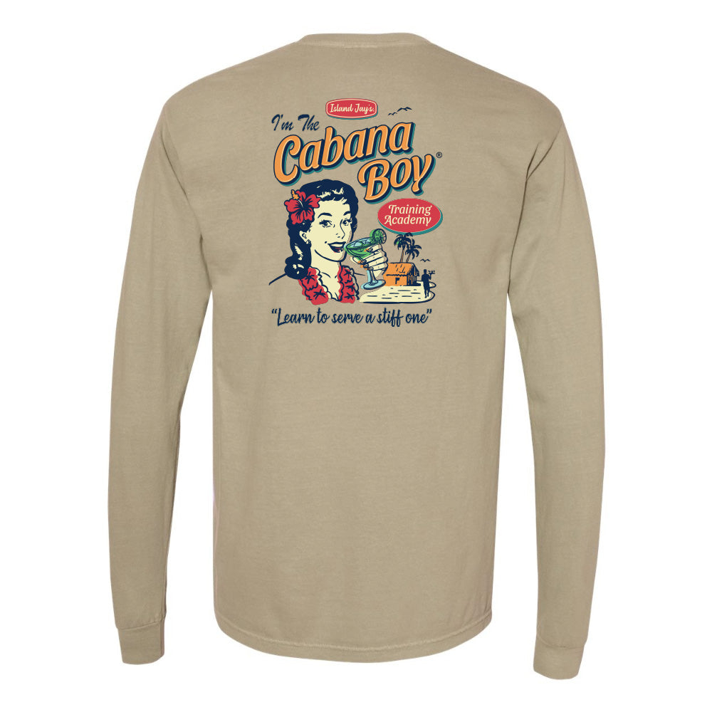 Beige long-sleeve shirt with a graphic design on the back featuring a cartoon character and text.