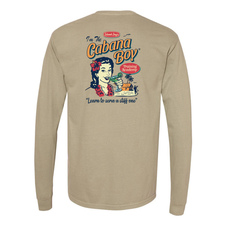 Beige long-sleeve shirt with a graphic design on the back featuring a cartoon character and text.