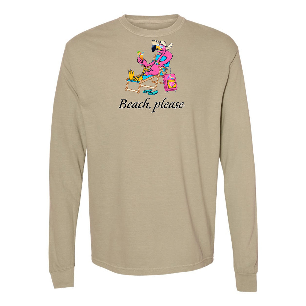 Beige long-sleeve shirt with a cartoon character and 'Beach, please' text on a white background