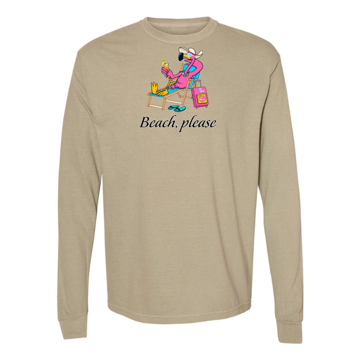 Beige long-sleeve shirt with a cartoon character and 'Beach, please' text on a white background