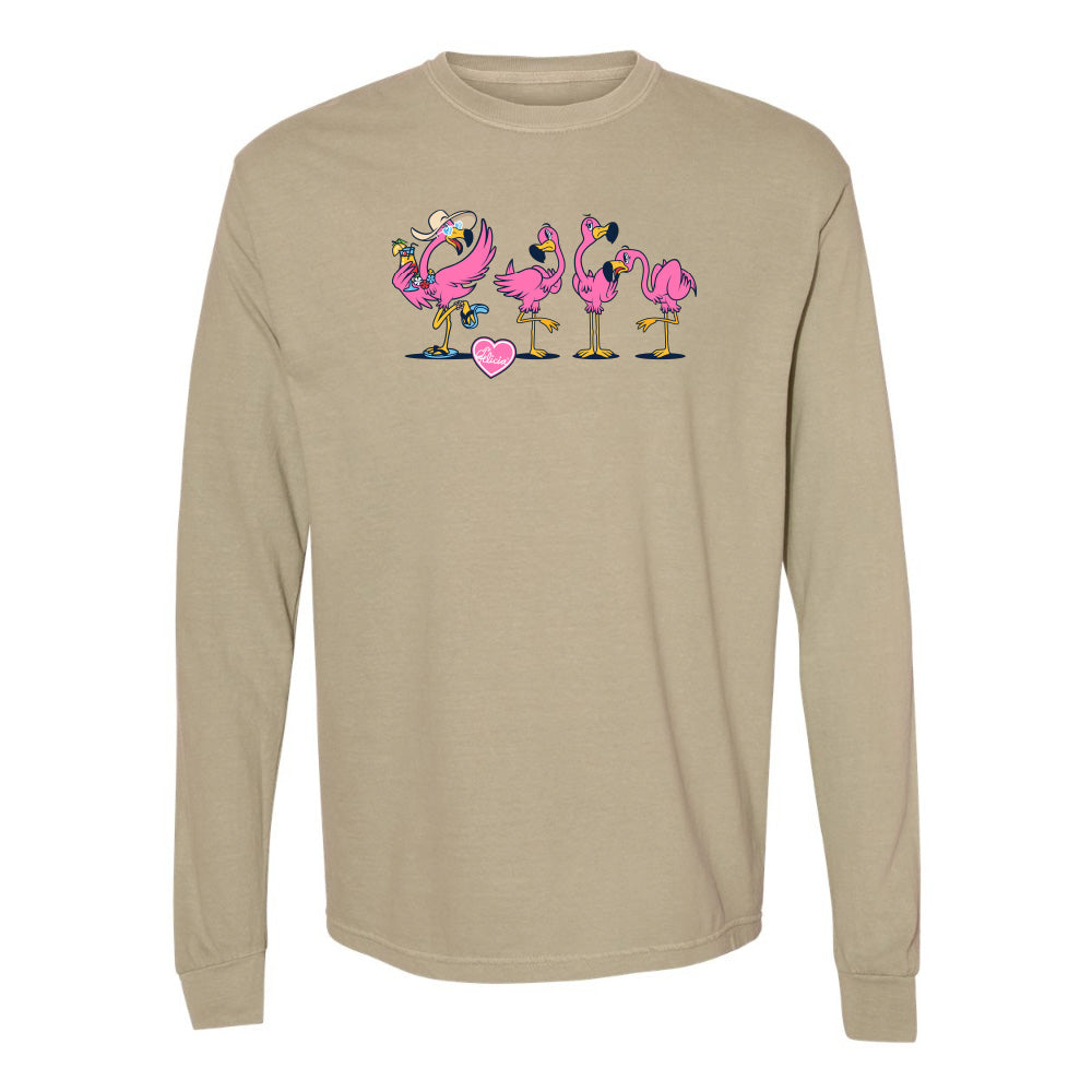 Beige long-sleeve shirt with pink flamingo design on a white background