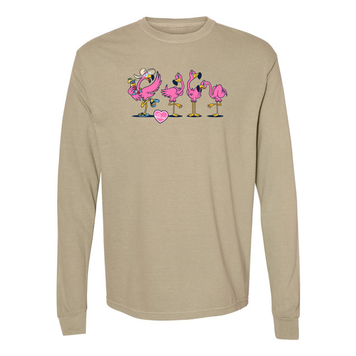 Beige long-sleeve shirt with pink flamingo design on a white background
