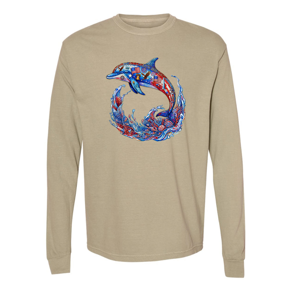 Beige long-sleeve shirt with a colorful dolphin design on a white background