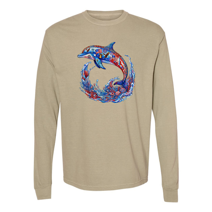 Beige long-sleeve shirt with a colorful dolphin design on a white background