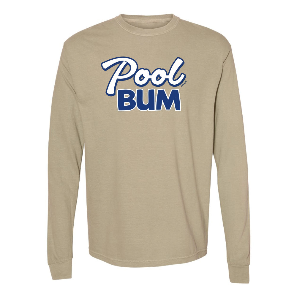Beige long-sleeve shirt with 'Pool Bum' text in blue and white on a white background