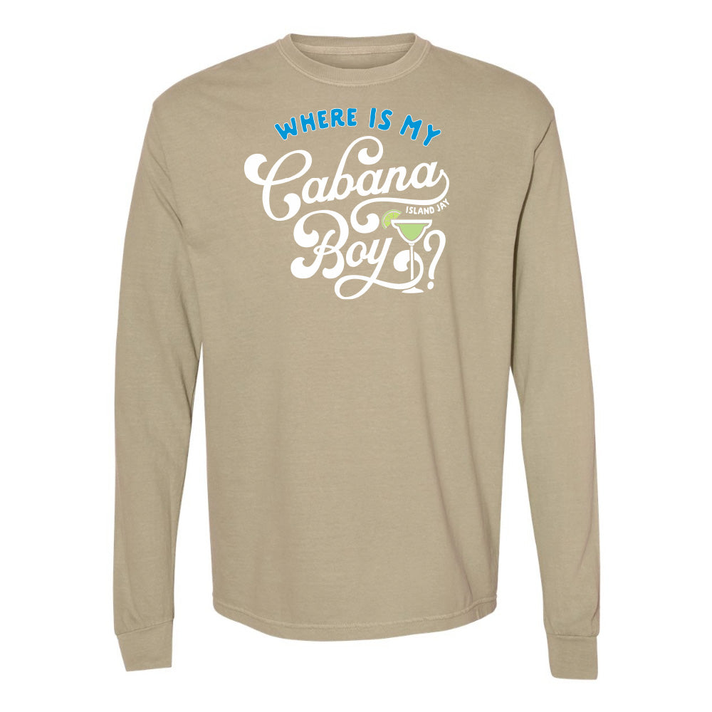 Beige long-sleeve shirt with text design on a white background