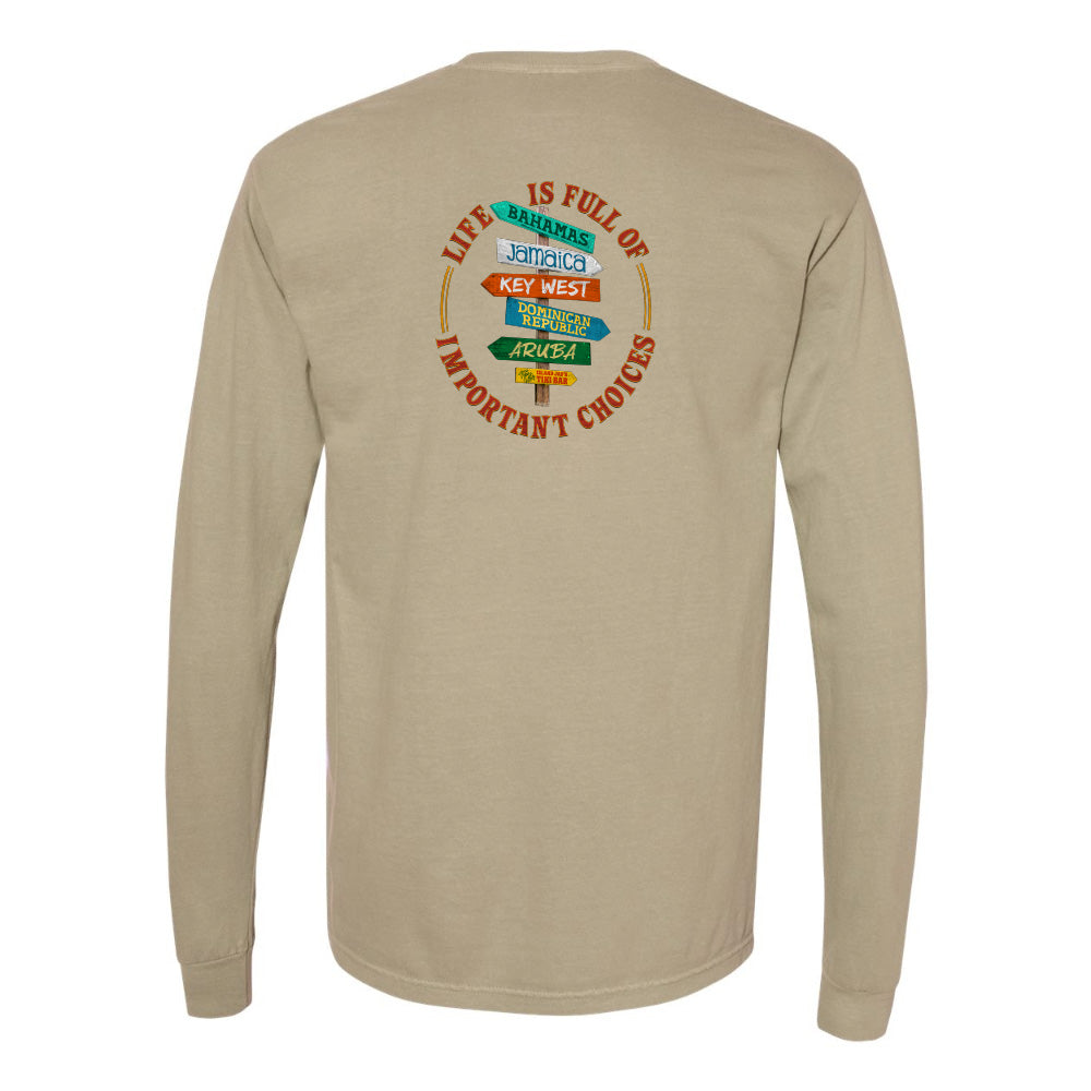 Beige long-sleeve shirt with colorful graphic on the back