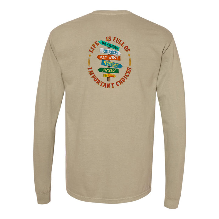 Beige long-sleeve shirt with colorful graphic on the back