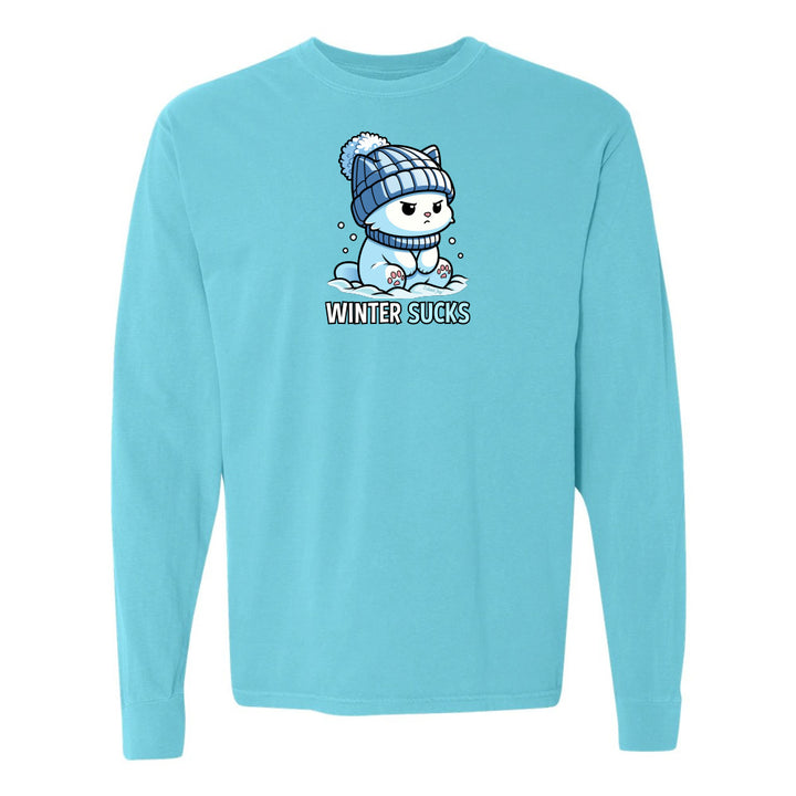 Light blue long-sleeve shirt with a graphic of a cat in a winter hat and the text 'Winter Sucks' on a white background.
