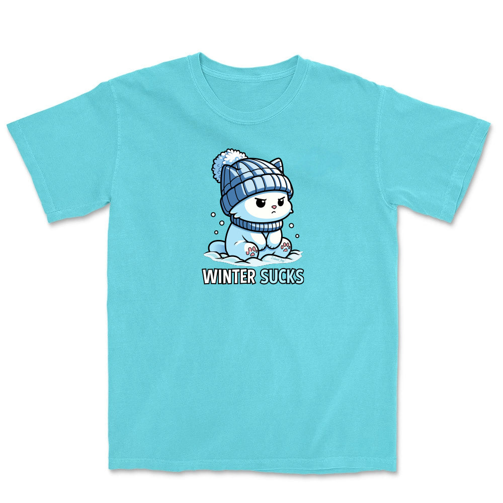 Light blue t-shirt with a cartoon character and 'Winter Sucks' text on a white background