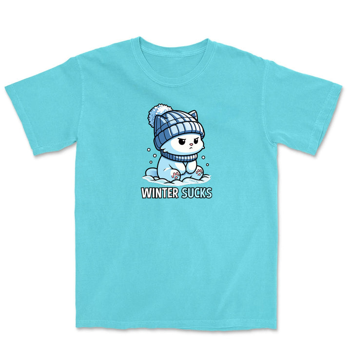 Light blue t-shirt with a cartoon character and 'Winter Sucks' text on a white background