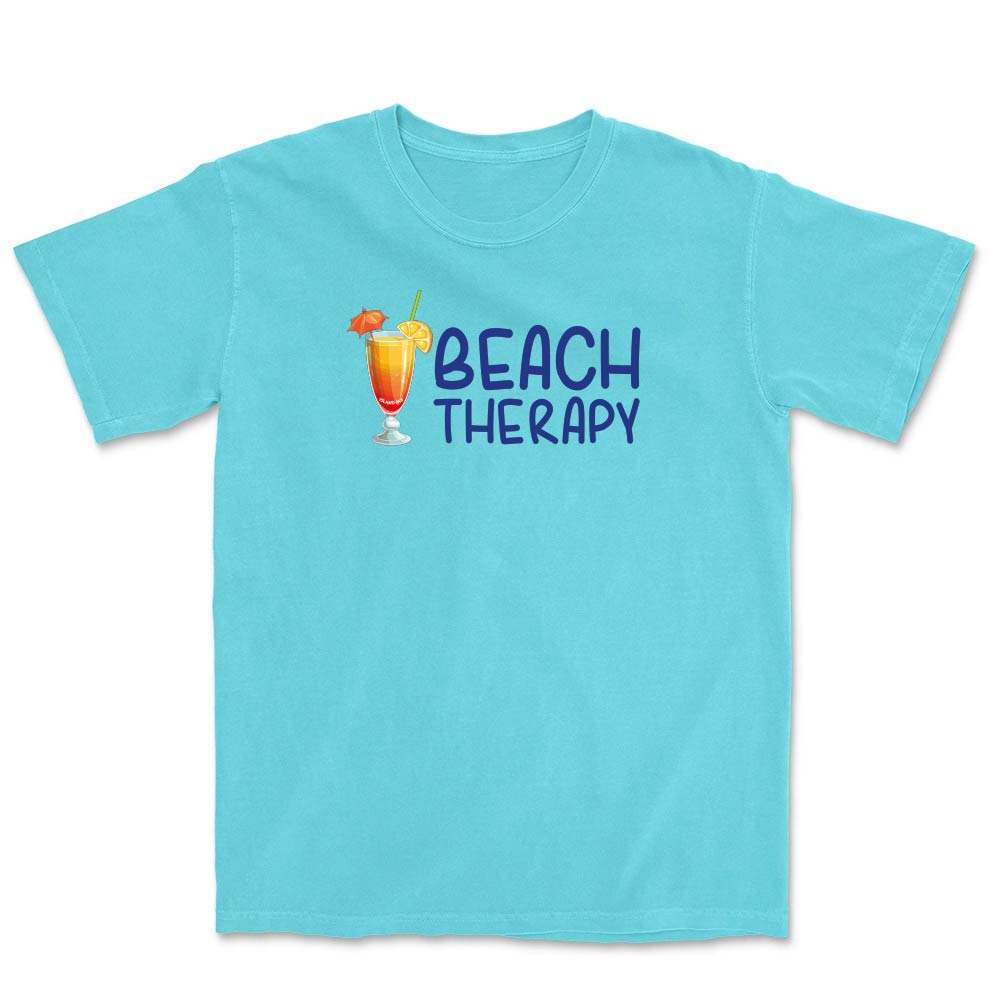 Light blue t-shirt with 'Beach Therapy' text and cocktail graphic on a white background