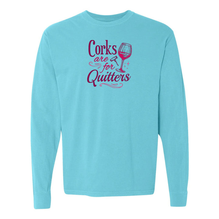 Light blue long-sleeve shirt with purple text and wine glass graphic on a white background