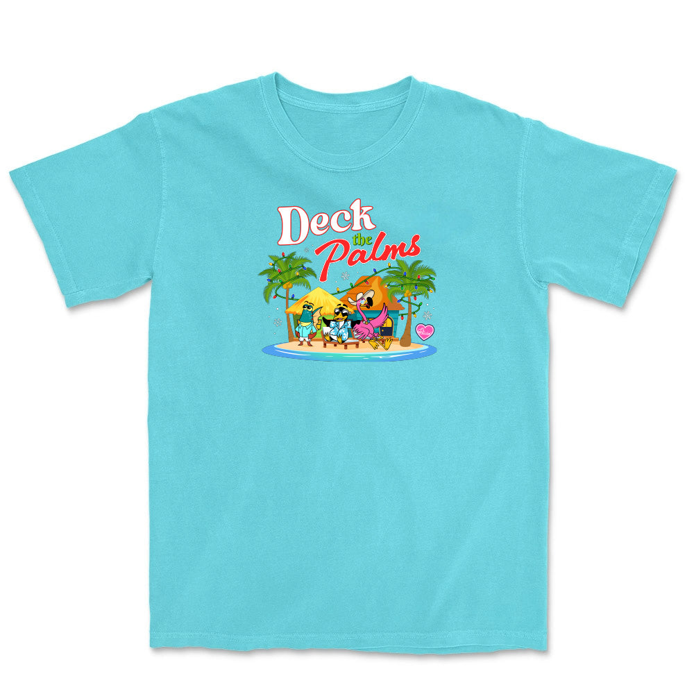 Light blue t-shirt with a colorful graphic and 'Deck the Palms' text on a white background