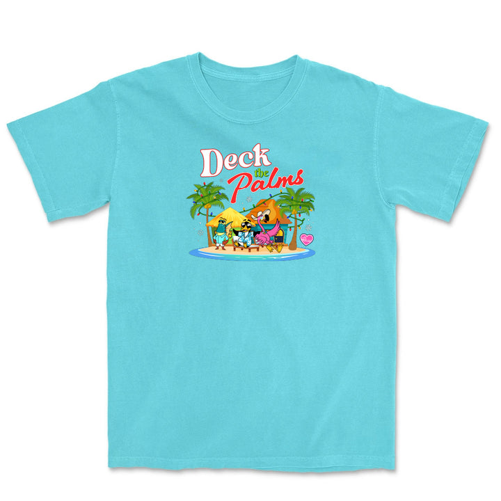 Light blue t-shirt with a colorful graphic and 'Deck the Palms' text on a white background