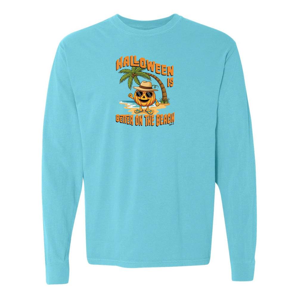 Light blue long-sleeve shirt with Halloween design featuring a palm tree and pumpkin on a white background