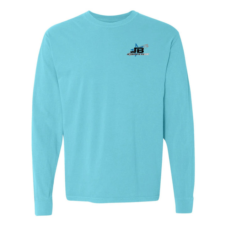Light blue long-sleeve shirt with a logo on the chest against a white background
