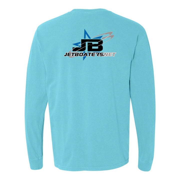 Light blue long-sleeve shirt with a logo and text on the back against a white background