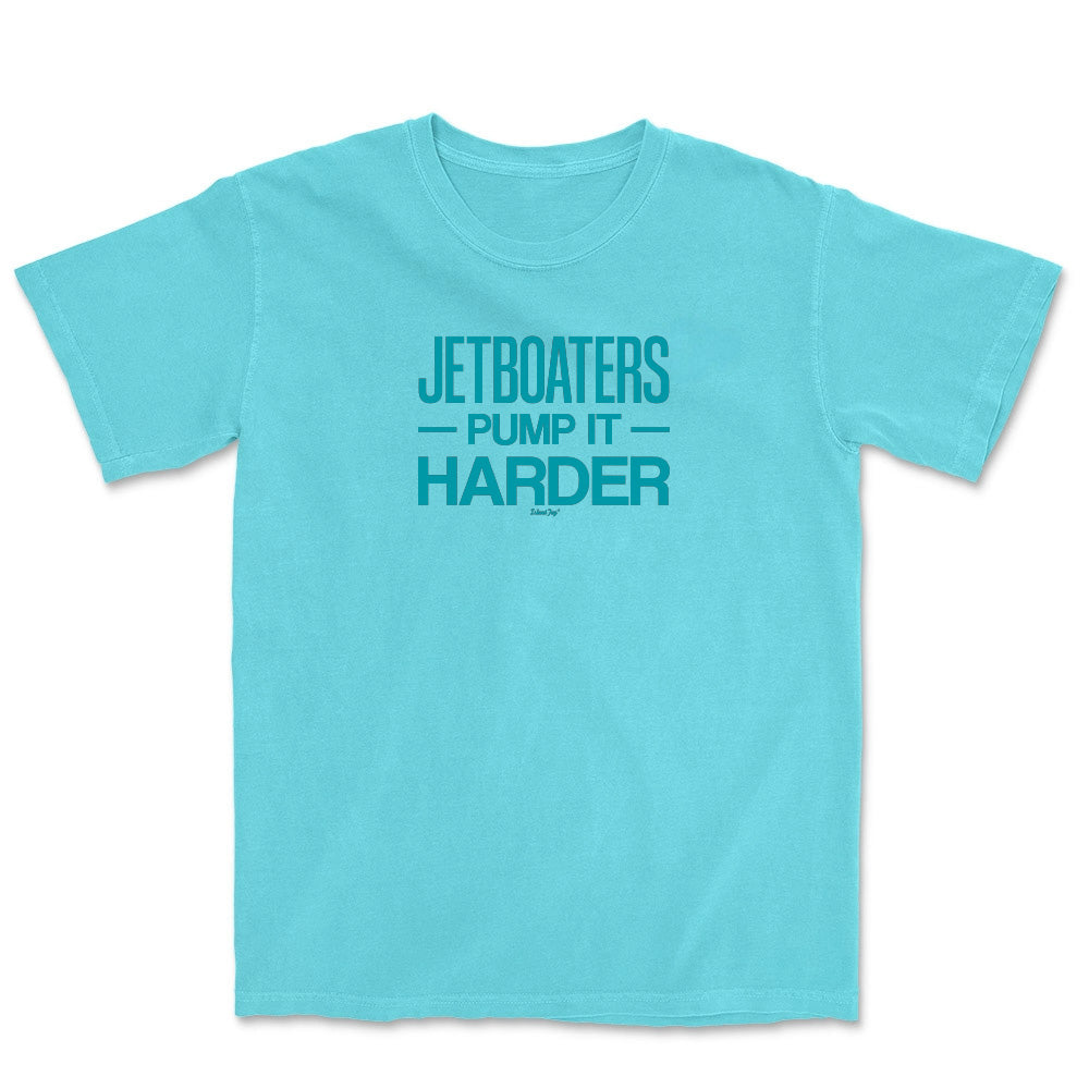 Light blue t-shirt with teal text on a white background