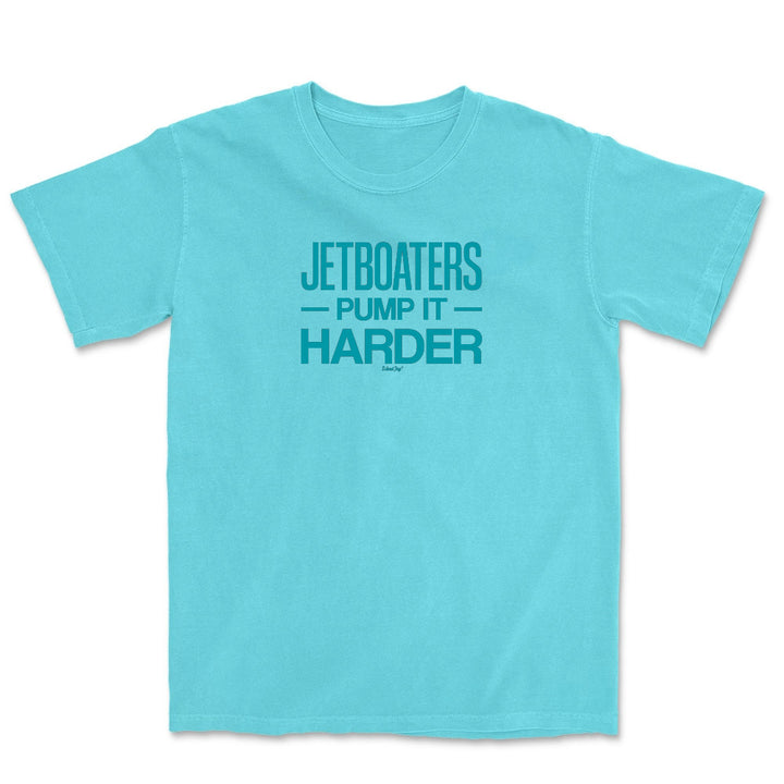 Light blue t-shirt with teal text on a white background