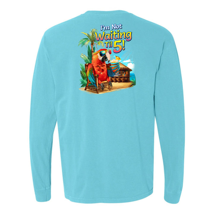 Light blue long-sleeve shirt with a tropical graphic and text on the back
