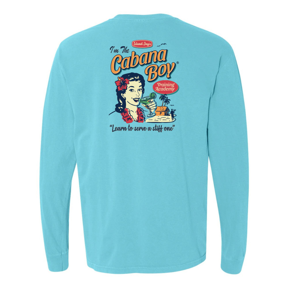 Light blue long-sleeve shirt with 'Cabana Boy' graphic on a white background
