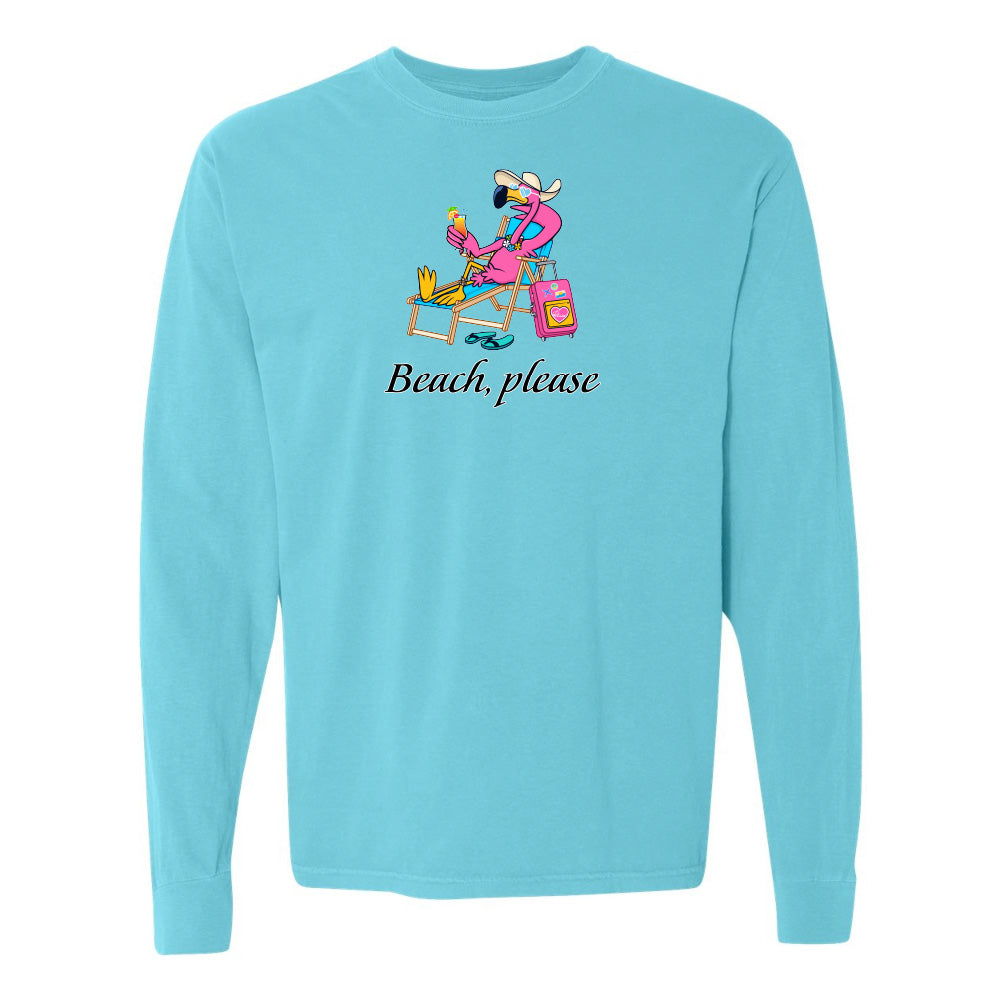 Lagoon blue long-sleeve shirt with a flamingo cartoon character and 'Beach please' text