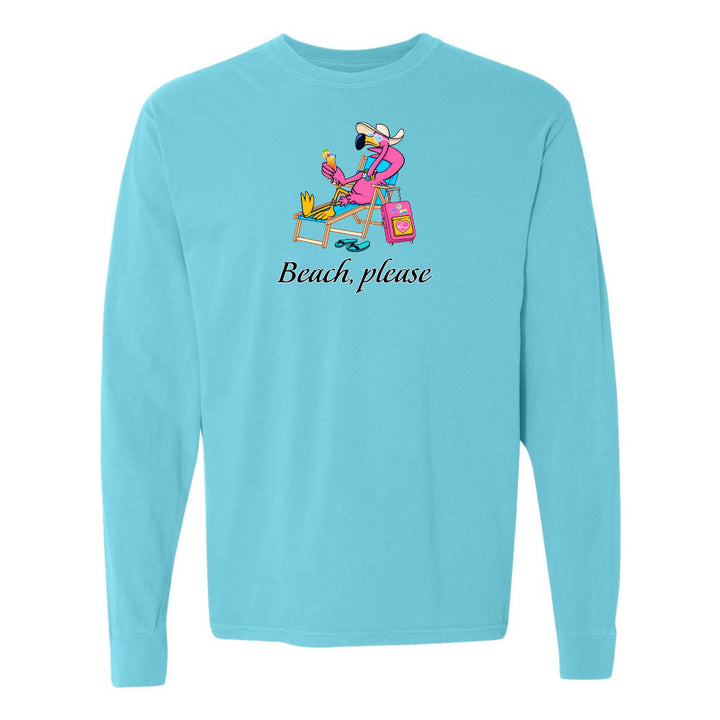 Lagoon blue long-sleeve shirt with a flamingo cartoon character and 'Beach please' text