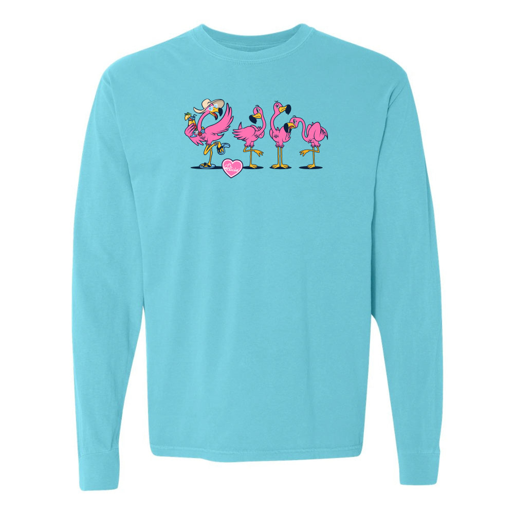 Light blue long-sleeve shirt with cartoon flamingos and a heart on a white background