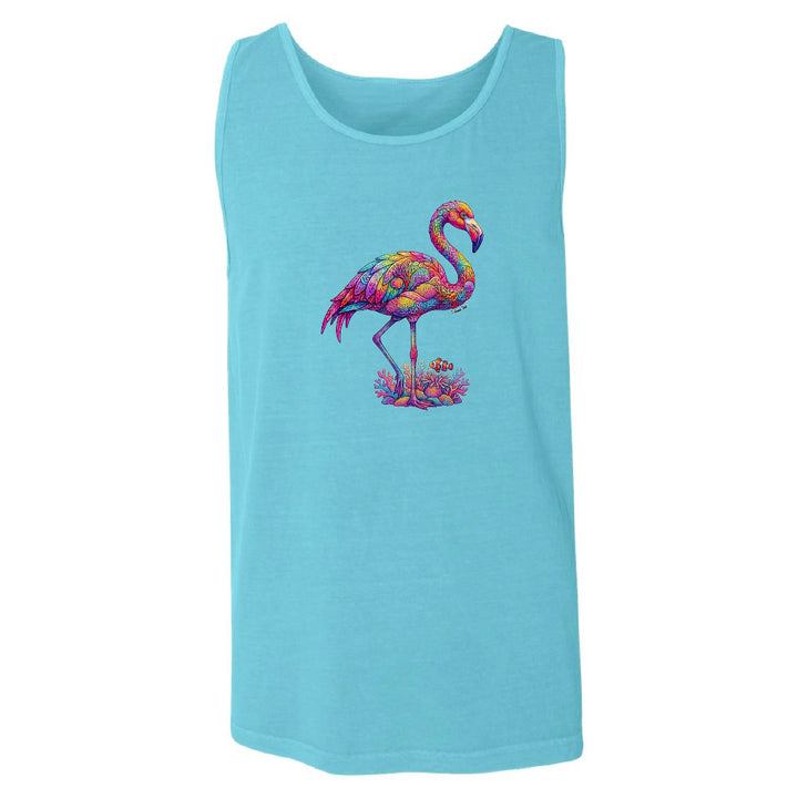 Light blue tank top with a colorful flamingo design on a white background