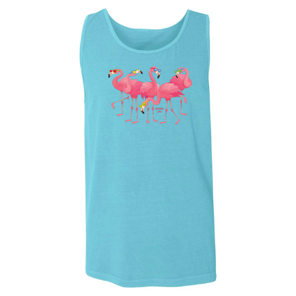 Blue tank top with pink flamingo design on a white background