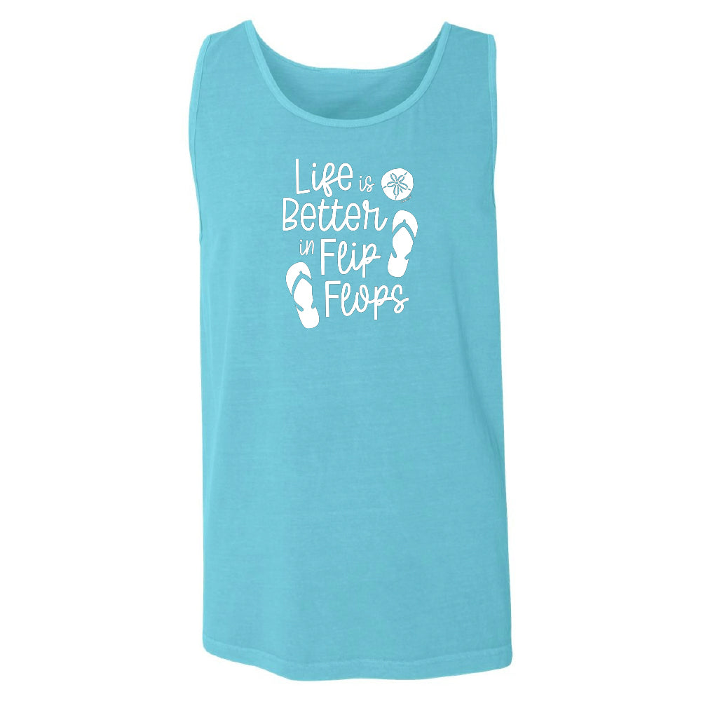 Blue tank top with 'Life is Better in Flip Flops' text and flip flop icons on a white background