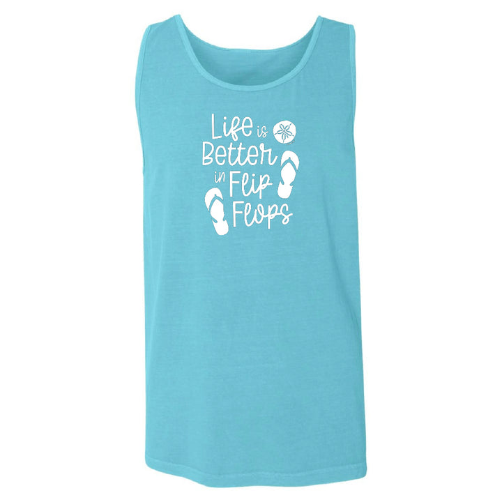 Blue tank top with 'Life is Better in Flip Flops' text and flip flop icons on a white background