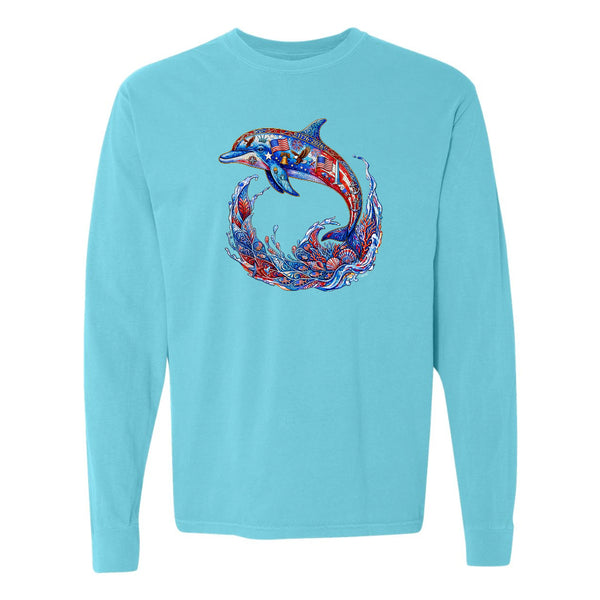 Light blue long-sleeve shirt with a colorful dolphin design on a white background